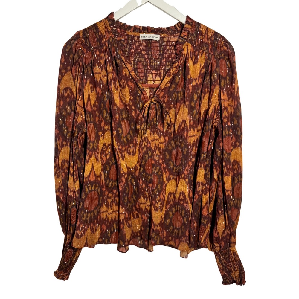 Ulla Johnson Silk Metallic Ikat Smocked Blouse Orange Gold Lurex Top Romantic